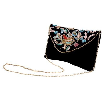 Black Beaded Cotton Sling Bag For Women With Bird Design 